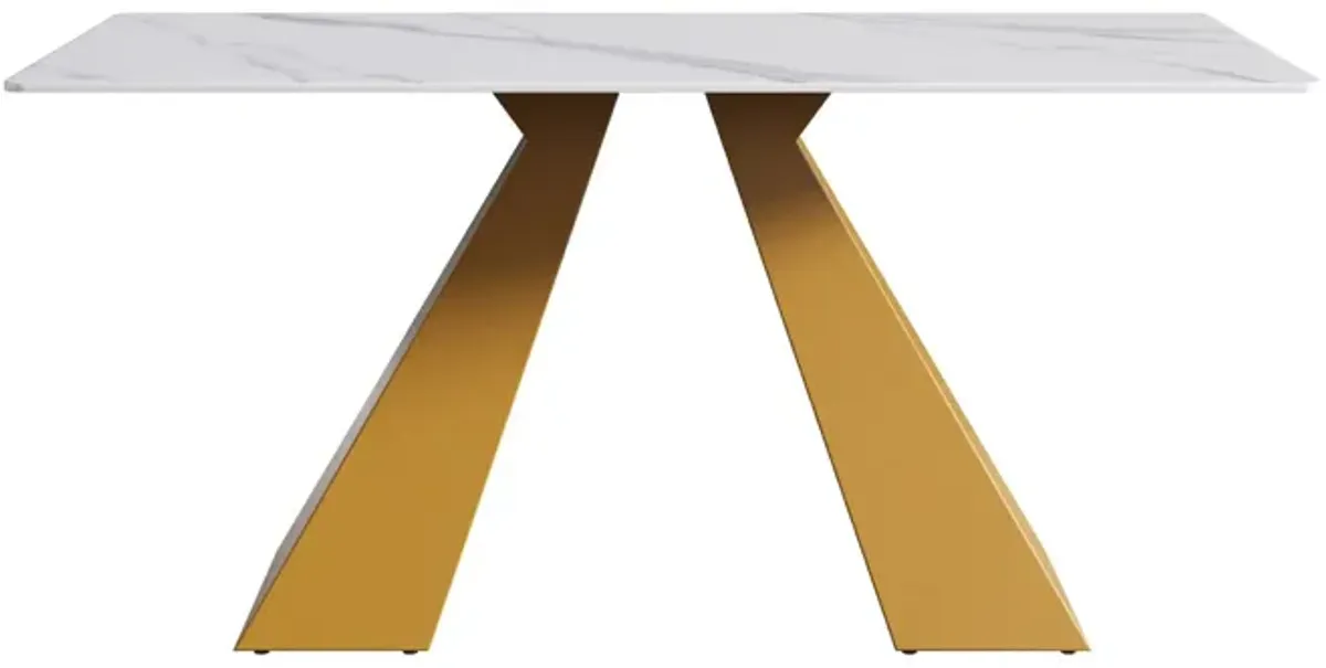 63" Modern Artificial Stone Straight Edge Golden Metal Leg Dining Table - White / Gold