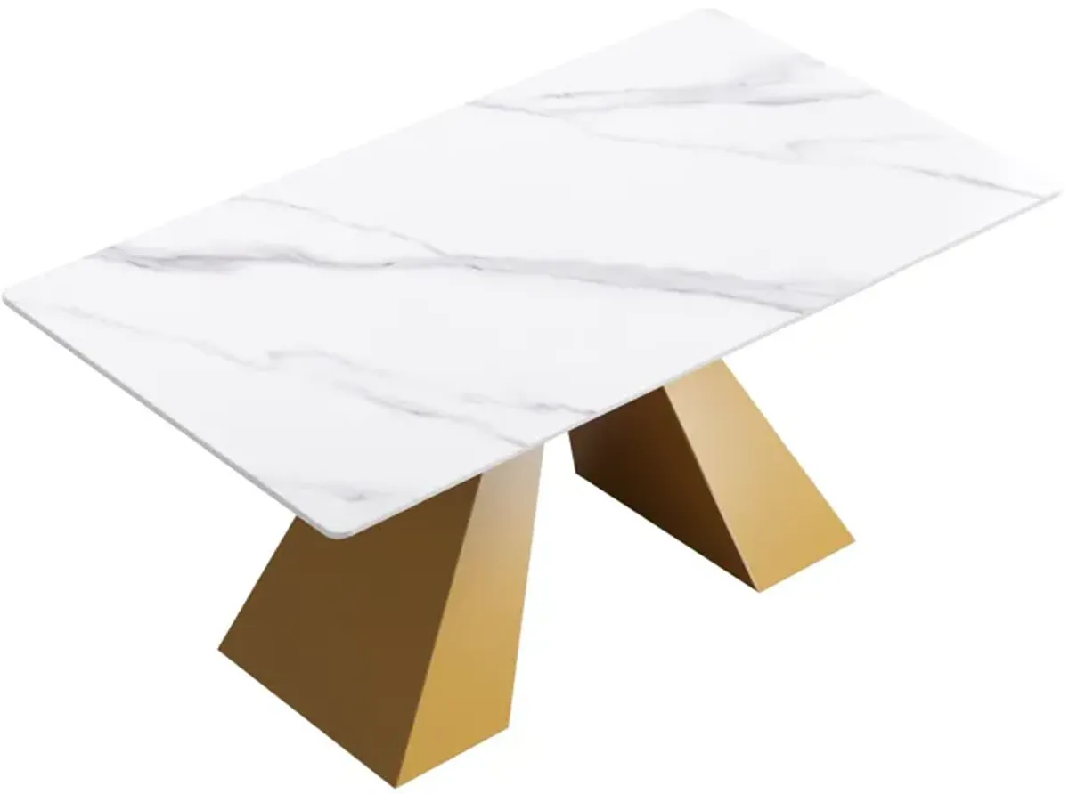 63" Modern Artificial Stone Straight Edge Golden Metal Leg Dining Table - White / Gold