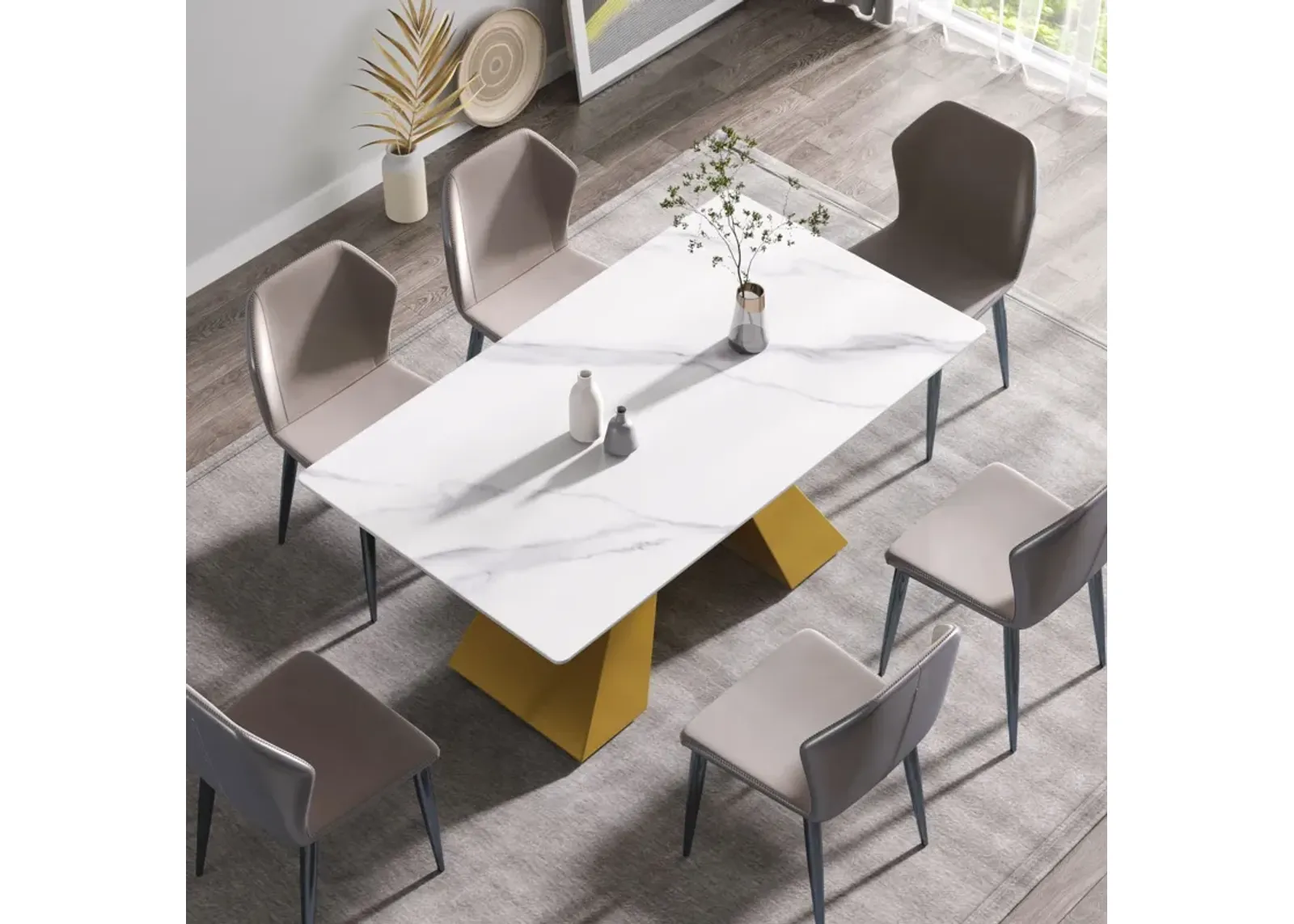 63" Modern Artificial Stone Straight Edge Golden Metal Leg Dining Table - White / Gold