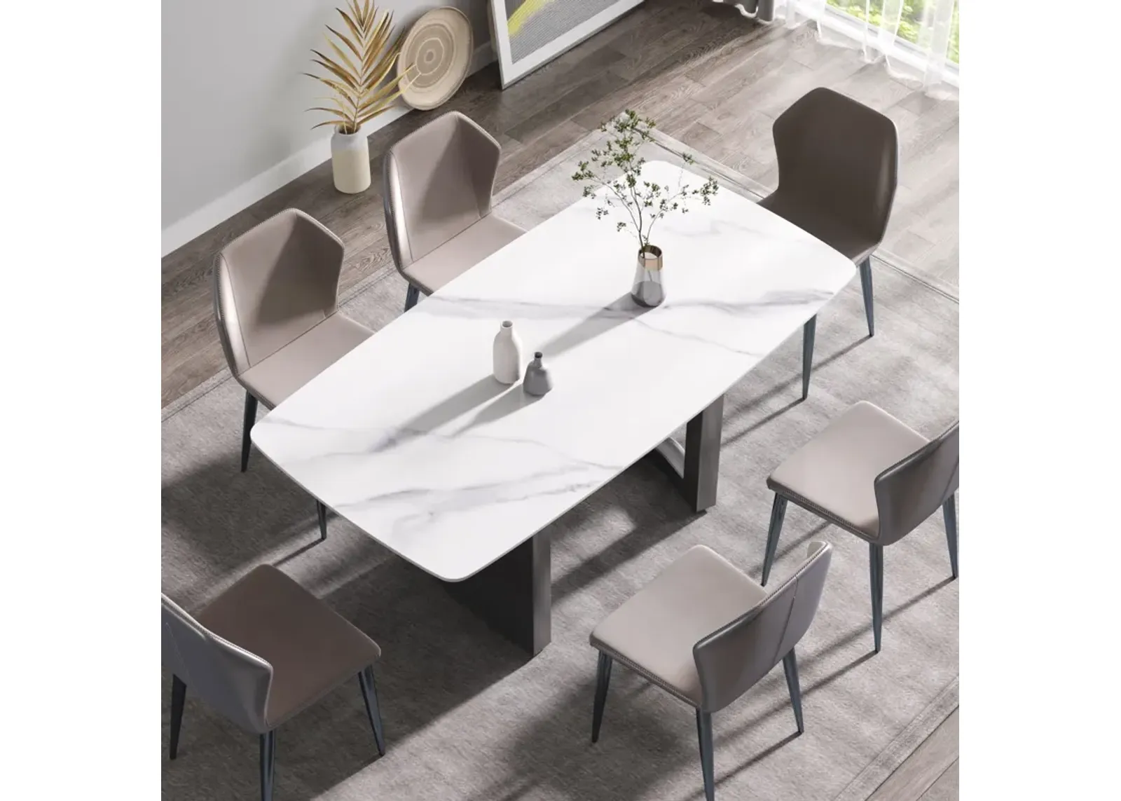 70.87" Modern Artificial Stone White Curved Black Metal Leg Dining Table - White / Black