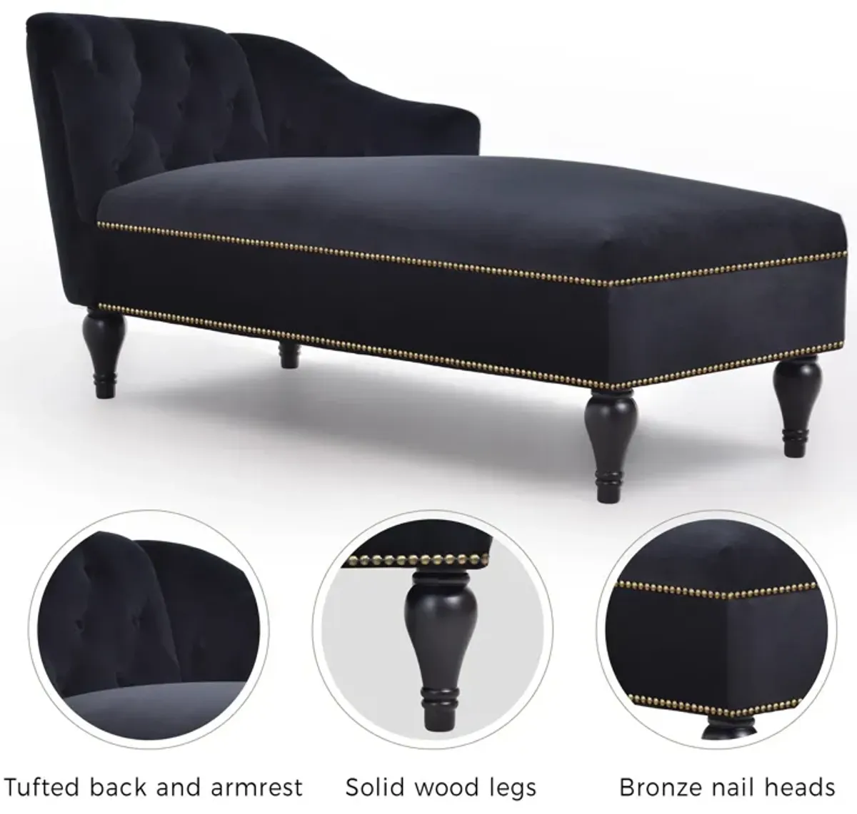 Velvet Chaise Lounge, Button Tufted Right Arm Facing Lounge Chair With Nailhead Trim & Solid Wood Legs For Living Room Or Office, Sleeper Lounge Sofa - Black