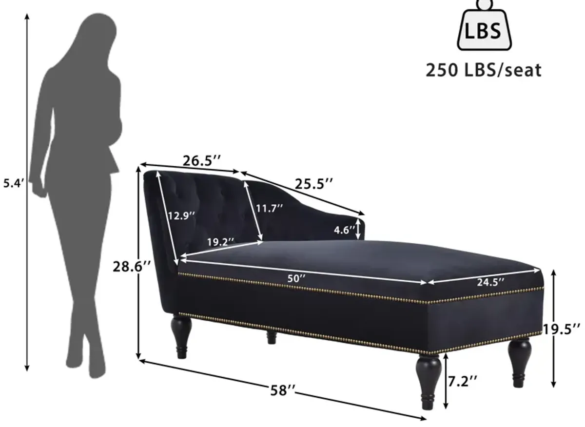 Velvet Chaise Lounge, Button Tufted Right Arm Facing Lounge Chair With Nailhead Trim & Solid Wood Legs For Living Room Or Office, Sleeper Lounge Sofa - Black