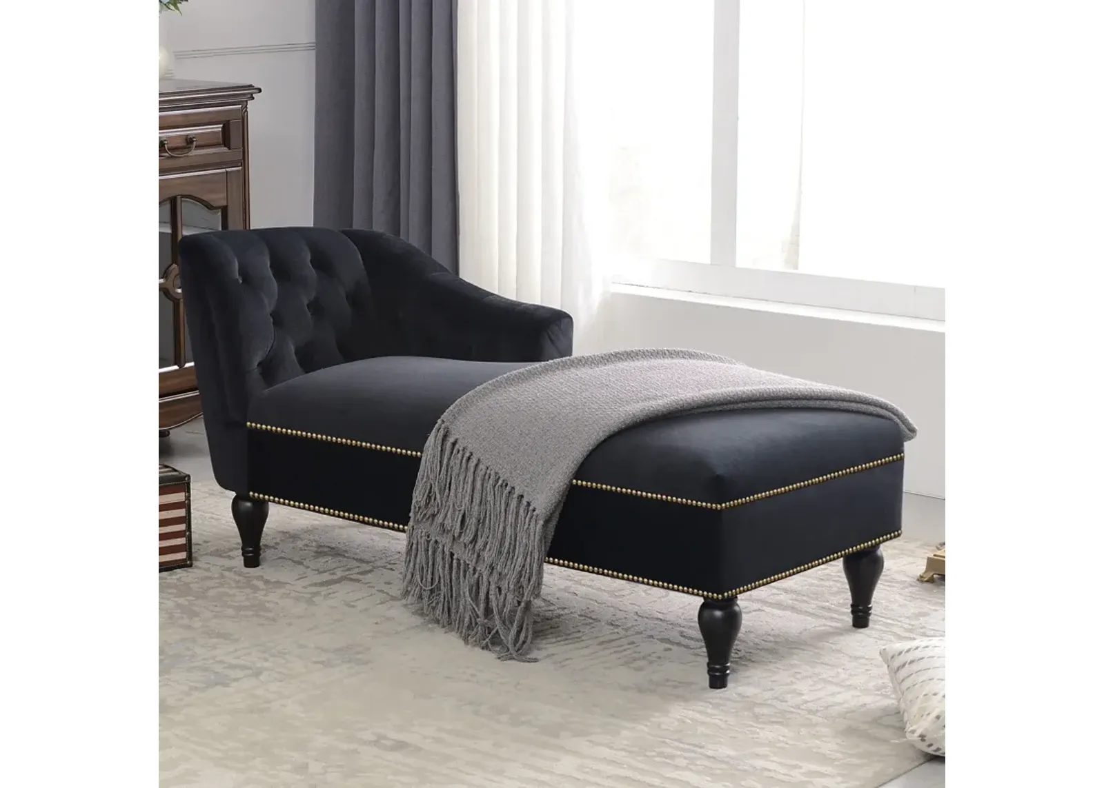 Velvet Chaise Lounge, Button Tufted Right Arm Facing Lounge Chair With Nailhead Trim & Solid Wood Legs For Living Room Or Office, Sleeper Lounge Sofa - Black