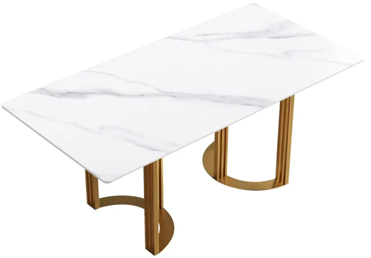 70.87" Modern Artificial Stone White Straight Edge Golden Metal Leg Dining Table, Can Accommodate 6-8 People - White / Gold