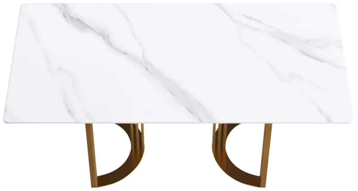 70.87" Modern Artificial Stone White Straight Edge Golden Metal Leg Dining Table, Can Accommodate 6-8 People - White / Gold