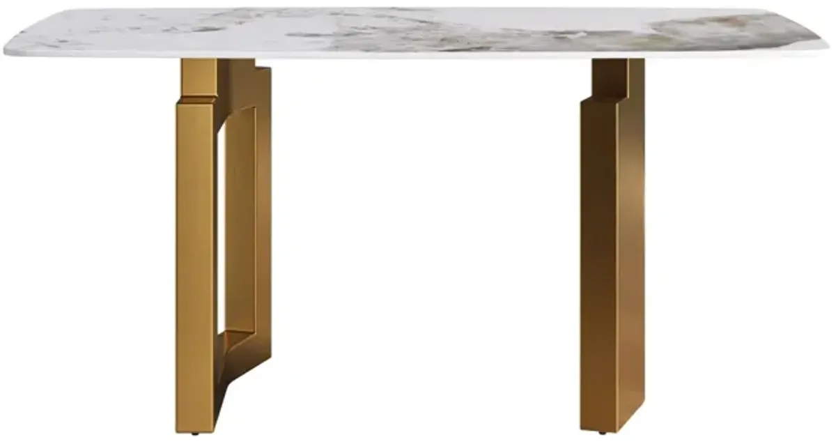 63" Artificial Stone Pandora White Curved Golden Metal Leg Dining Table, 6 People - Antique White / Gold