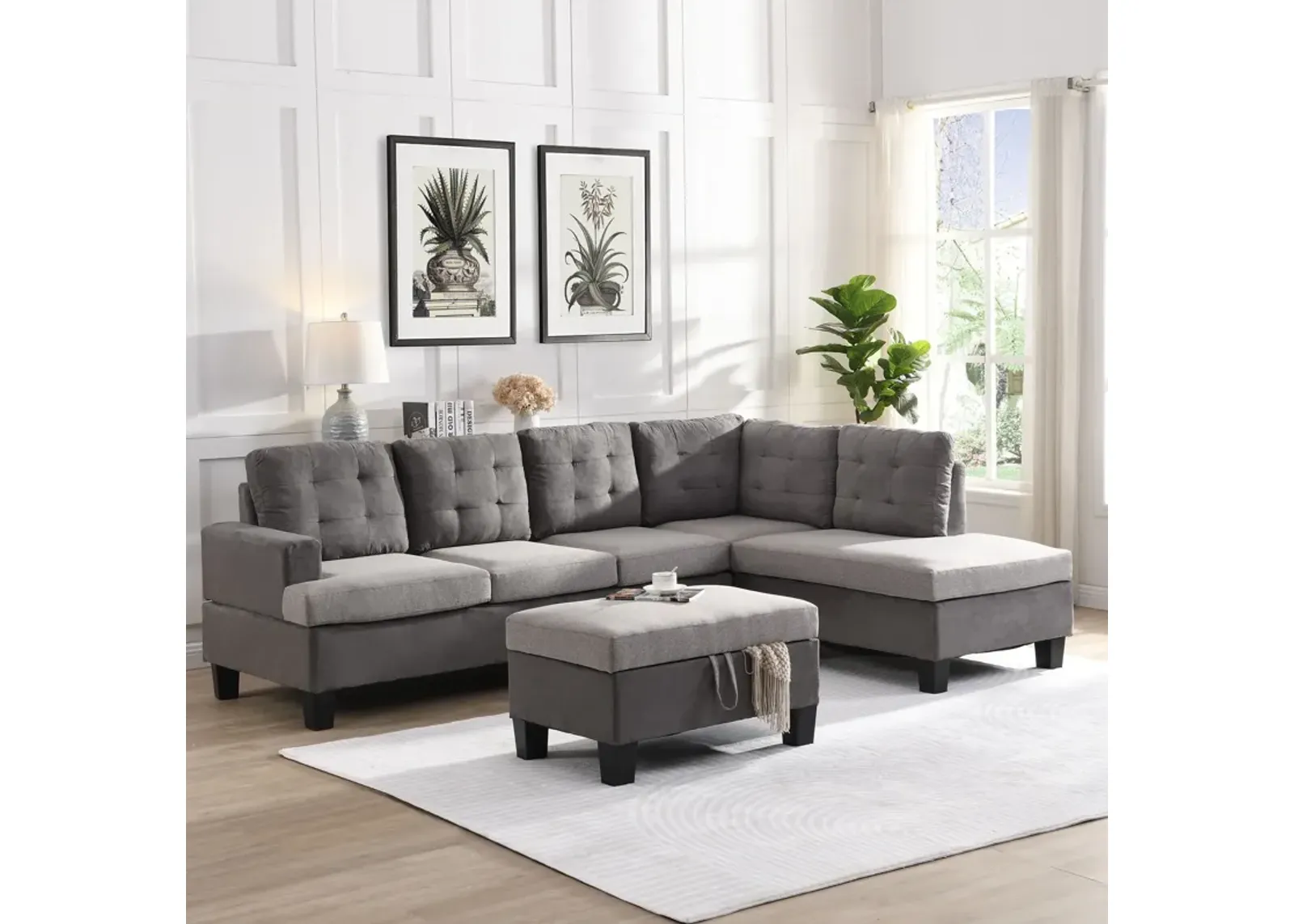 Sofa Set With Chaise Lounge And Storage Ottoman - Gray