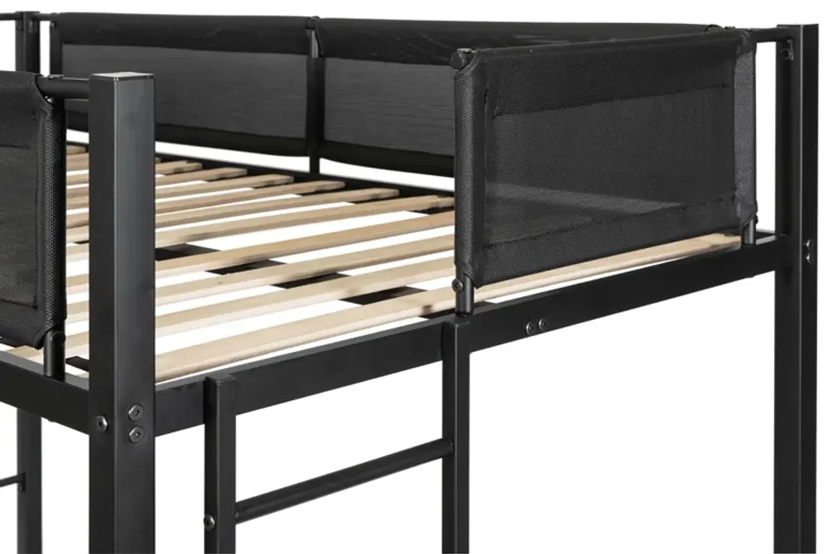 Metal Twin Over Twin Bunk Bed With Trundle/ Sturdy Metal Frame/ Noise Free Wood Slats/ Comfortable Textilene Guardrail/ 2 Side Ladders/ Space Saving Trundle/ Bunk Bed For Three/ No Box Spring Needed - Black