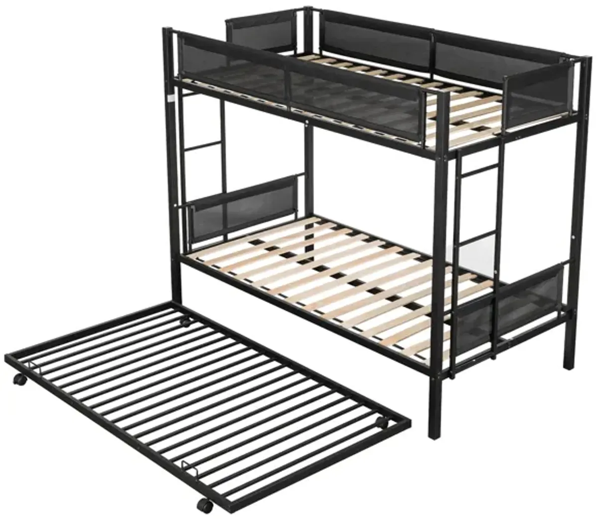 Metal Twin Over Twin Bunk Bed With Trundle/ Sturdy Metal Frame/ Noise Free Wood Slats/ Comfortable Textilene Guardrail/ 2 Side Ladders/ Space Saving Trundle/ Bunk Bed For Three/ No Box Spring Needed - Black