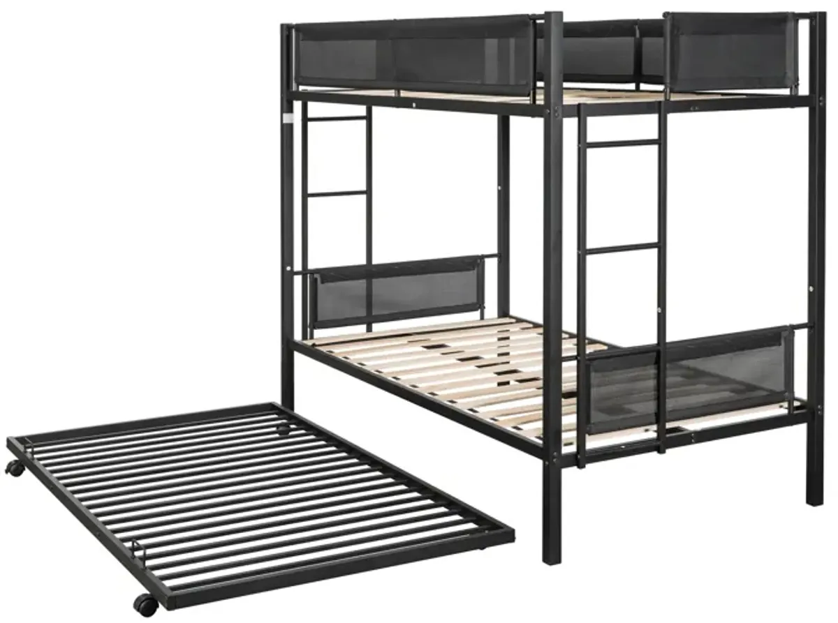 Metal Twin Over Twin Bunk Bed With Trundle/ Sturdy Metal Frame/ Noise Free Wood Slats/ Comfortable Textilene Guardrail/ 2 Side Ladders/ Space Saving Trundle/ Bunk Bed For Three/ No Box Spring Needed - Black