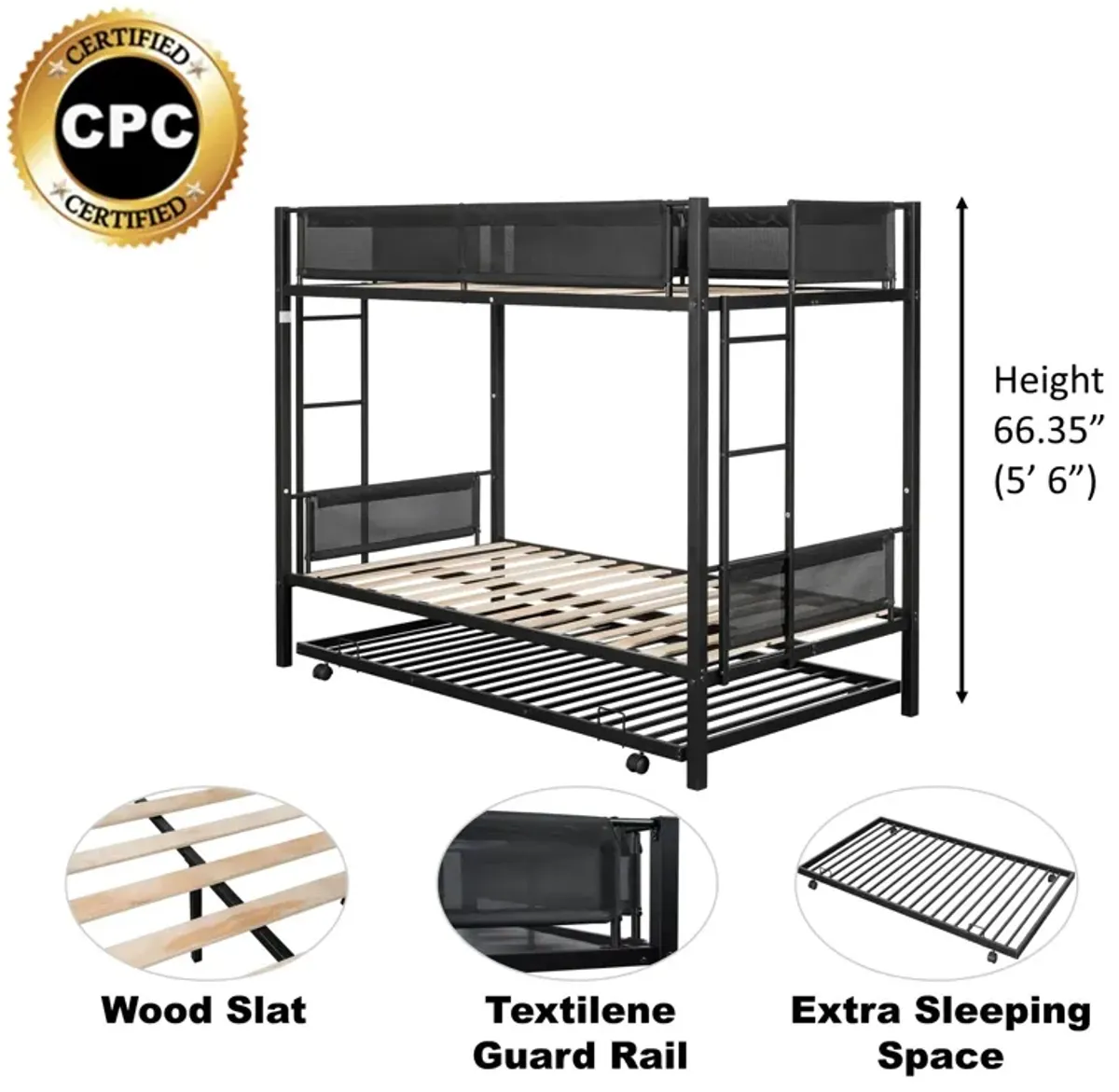 Metal Twin Over Twin Bunk Bed With Trundle/ Sturdy Metal Frame/ Noise Free Wood Slats/ Comfortable Textilene Guardrail/ 2 Side Ladders/ Space Saving Trundle/ Bunk Bed For Three/ No Box Spring Needed - Black