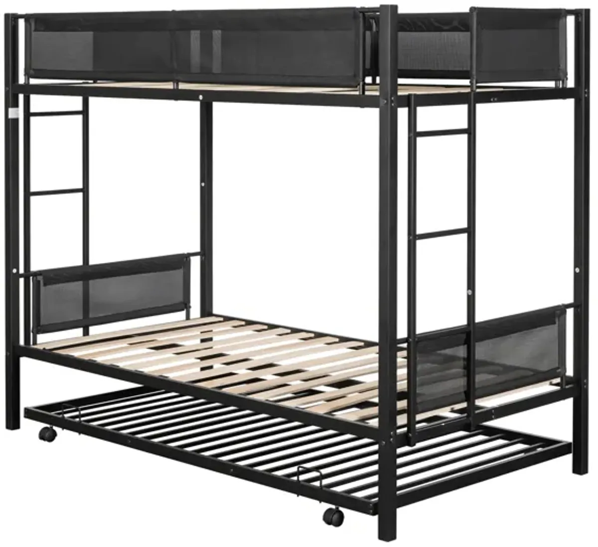 Metal Twin Over Twin Bunk Bed With Trundle/ Sturdy Metal Frame/ Noise Free Wood Slats/ Comfortable Textilene Guardrail/ 2 Side Ladders/ Space Saving Trundle/ Bunk Bed For Three/ No Box Spring Needed - Black