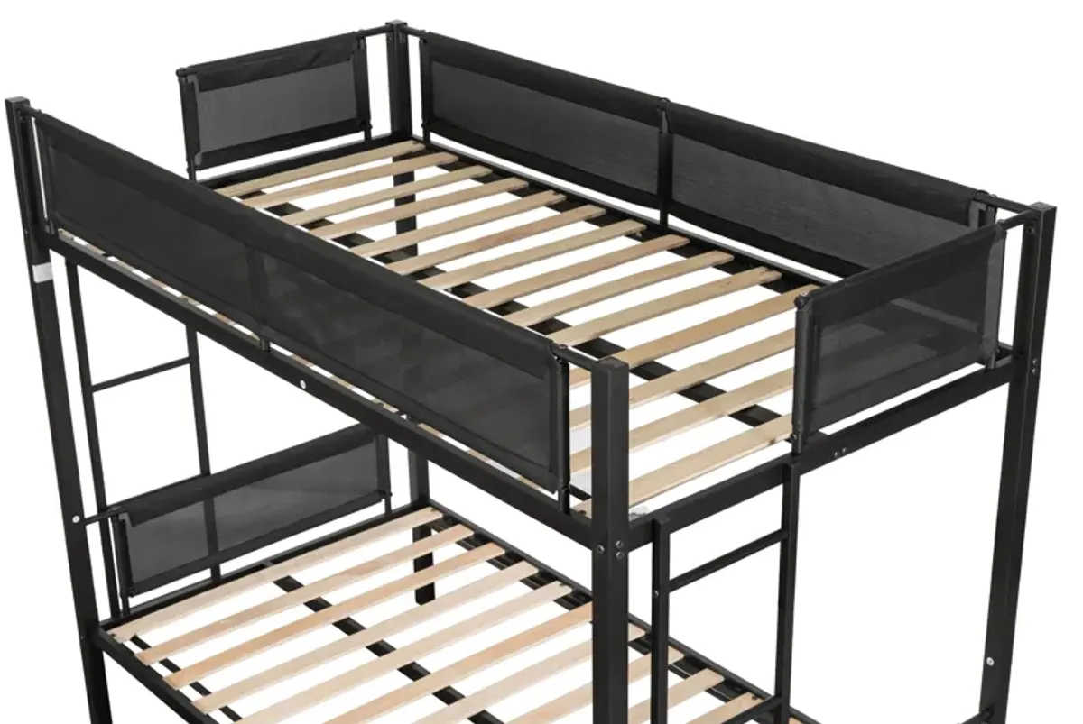 Metal Twin Over Twin Bunk Bed With Trundle/ Sturdy Metal Frame/ Noise Free Wood Slats/ Comfortable Textilene Guardrail/ 2 Side Ladders/ Space Saving Trundle/ Bunk Bed For Three/ No Box Spring Needed - Black