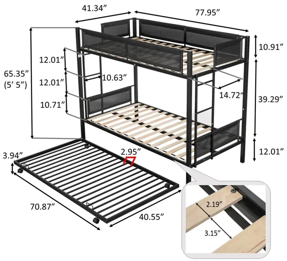 Metal Twin Over Twin Bunk Bed With Trundle/ Sturdy Metal Frame/ Noise Free Wood Slats/ Comfortable Textilene Guardrail/ 2 Side Ladders/ Space Saving Trundle/ Bunk Bed For Three/ No Box Spring Needed - Black