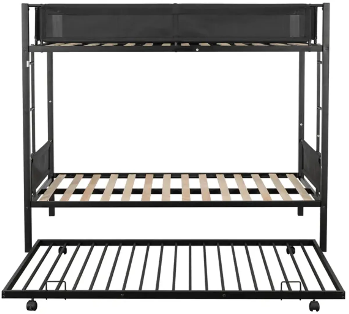 Metal Twin Over Twin Bunk Bed With Trundle/ Sturdy Metal Frame/ Noise Free Wood Slats/ Comfortable Textilene Guardrail/ 2 Side Ladders/ Space Saving Trundle/ Bunk Bed For Three/ No Box Spring Needed - Black