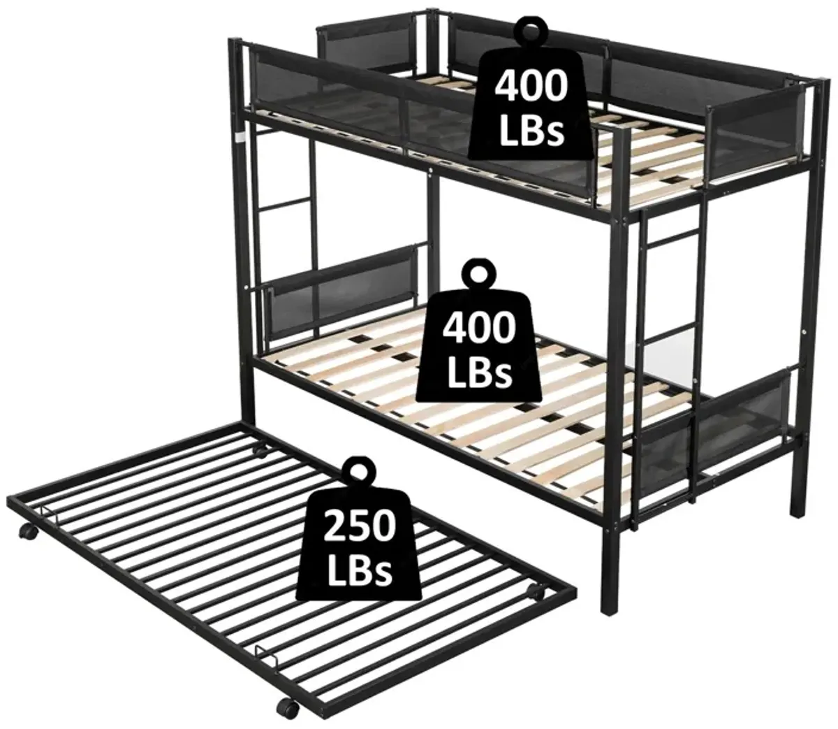 Metal Twin Over Twin Bunk Bed With Trundle/ Sturdy Metal Frame/ Noise Free Wood Slats/ Comfortable Textilene Guardrail/ 2 Side Ladders/ Space Saving Trundle/ Bunk Bed For Three/ No Box Spring Needed - Black