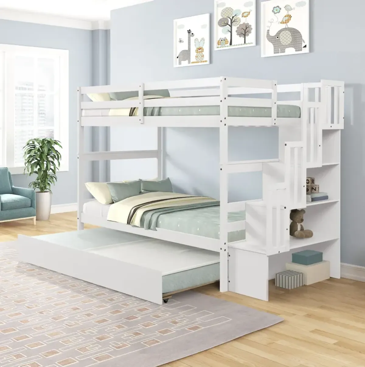 Twin Over Twin Bunk Beds With Twin Trundle And Stairway Storage Function