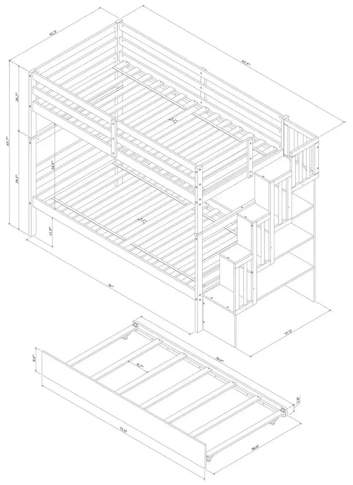 Twin Over Twin Bunk Beds With Twin Trundle And Stairway Storage Function