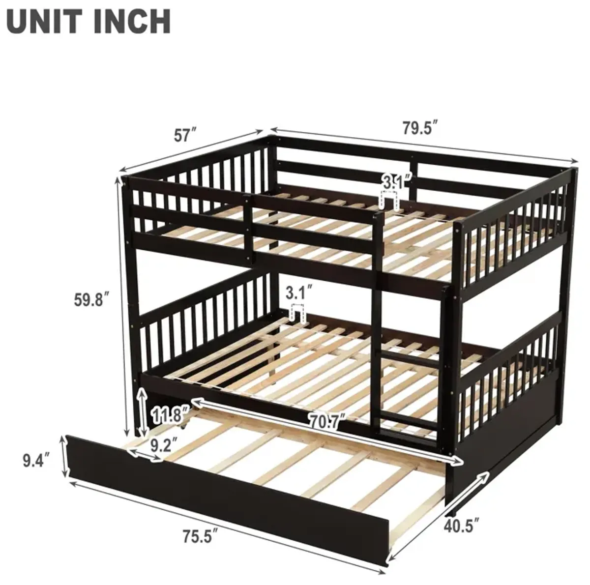 Bunk Bed With Trundle, Convertible To 2 Size Platform Bed, Bunk Bed With Ladder And Safety Rails For Kids