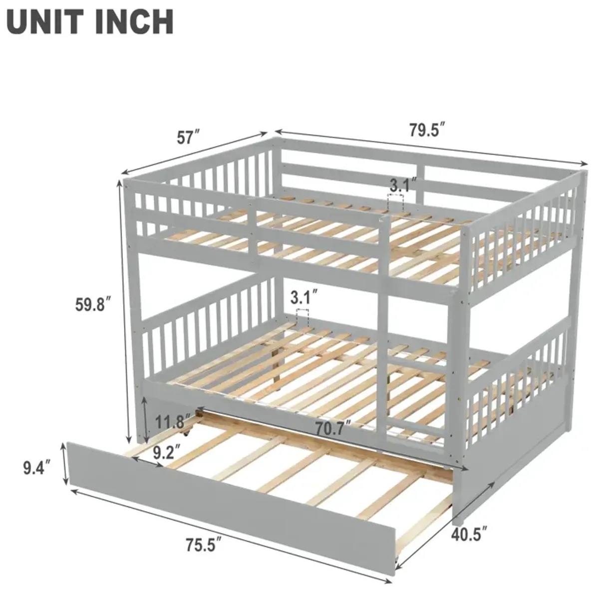 Bunk Bed With Trundle, Convertible To 2 Size Platform Bed, Bunk Bed With Ladder And Safety Rails For Kids