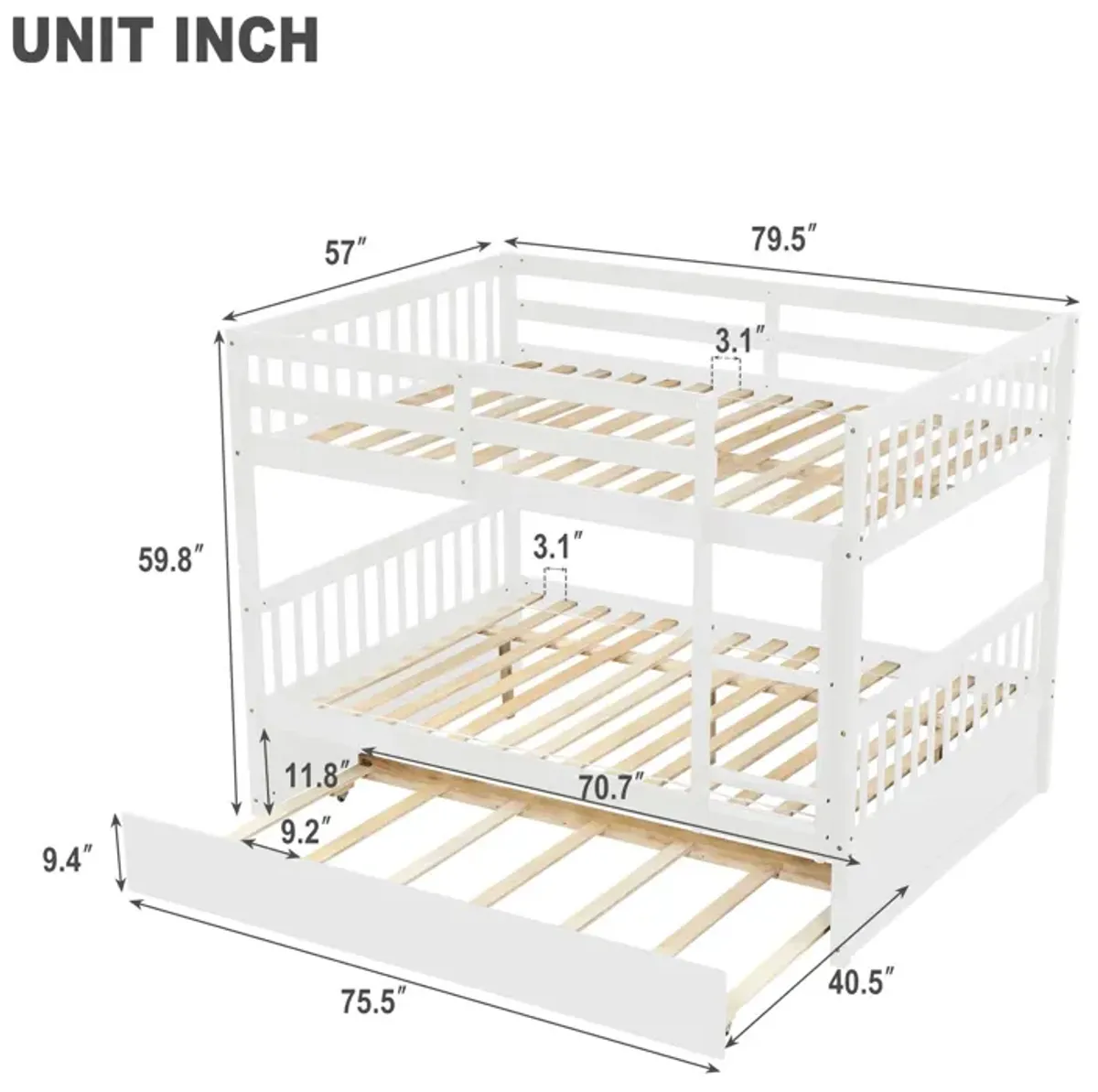 Bunk Bed With Trundle, Convertible To 2 Size Platform Bed, Bunk Bed With Ladder And Safety Rails For Kids