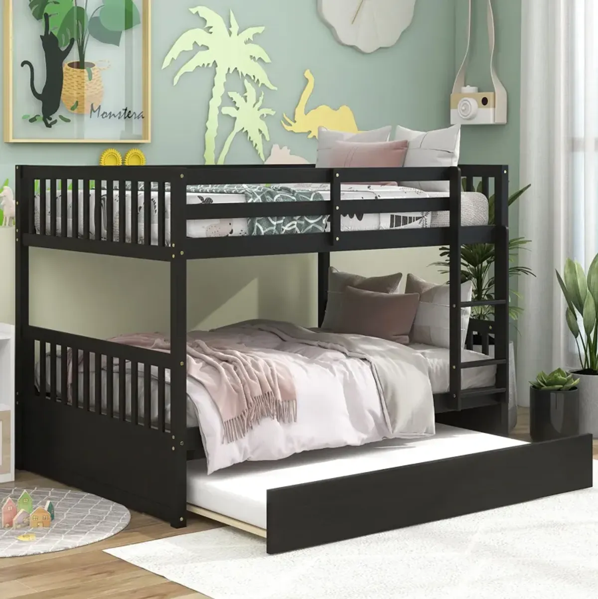 Bunk Bed With Trundle, Convertible To 2 Size Platform Bed, Bunk Bed With Ladder And Safety Rails For Kids