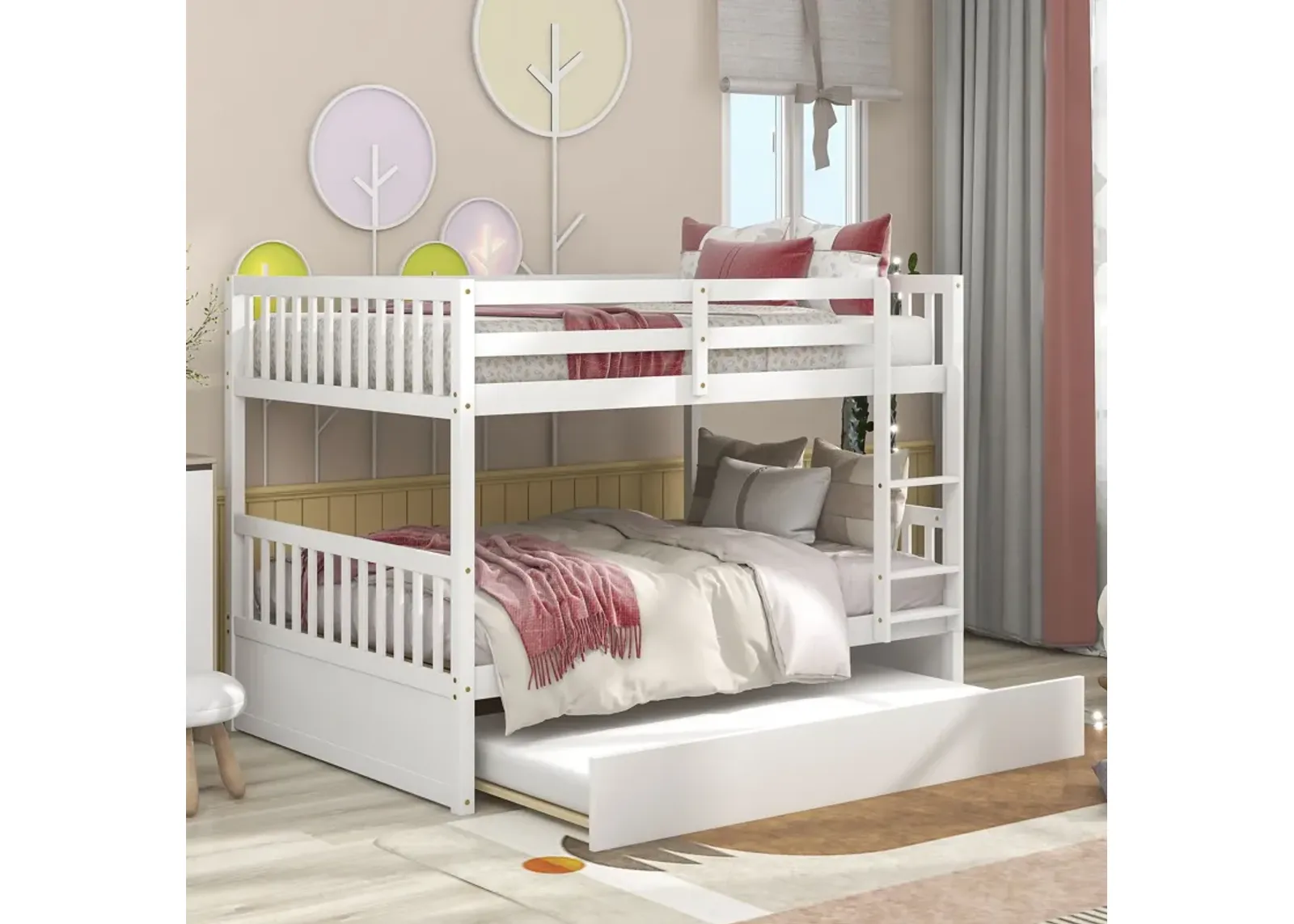 Bunk Bed With Trundle, Convertible To 2 Size Platform Bed, Bunk Bed With Ladder And Safety Rails For Kids