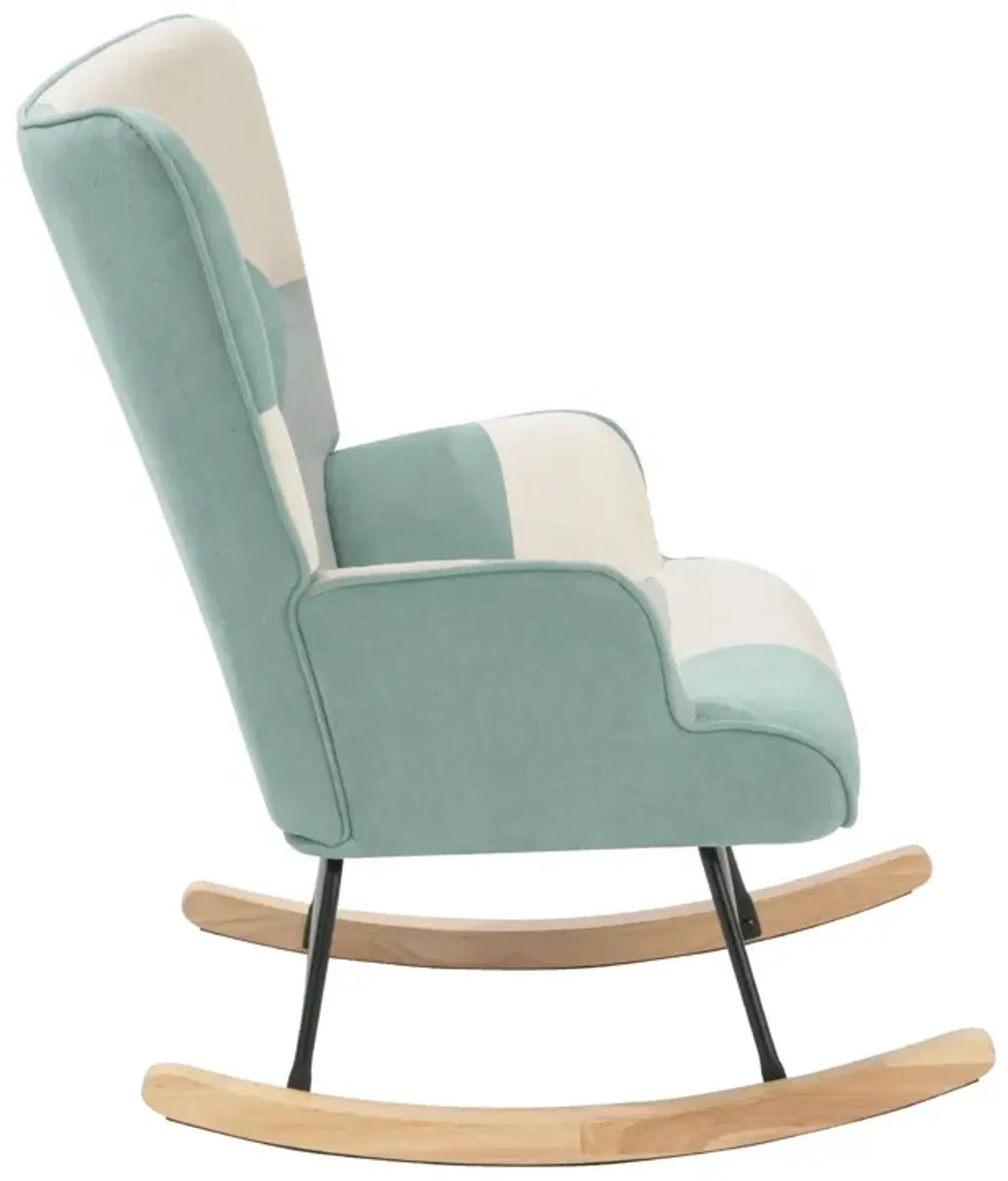 Accent Rocking Chair, Mid-Century Fabric Rocker Chair With Wood Legs And Patchwork Linen For Livingroom Bedroom