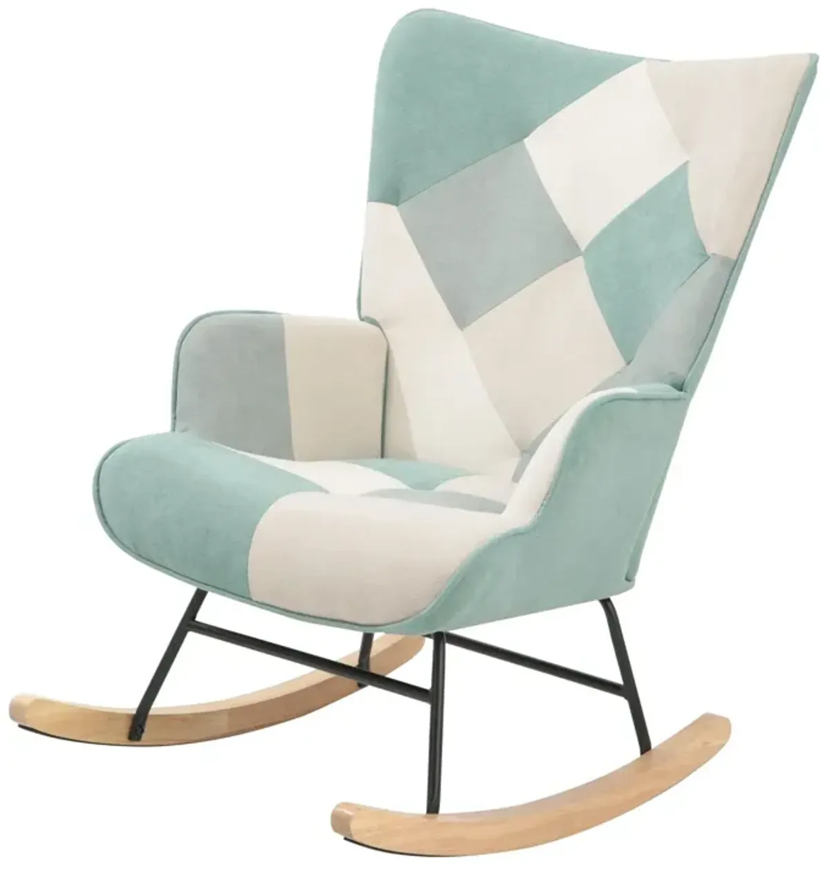 Accent Rocking Chair, Mid-Century Fabric Rocker Chair With Wood Legs And Patchwork Linen For Livingroom Bedroom