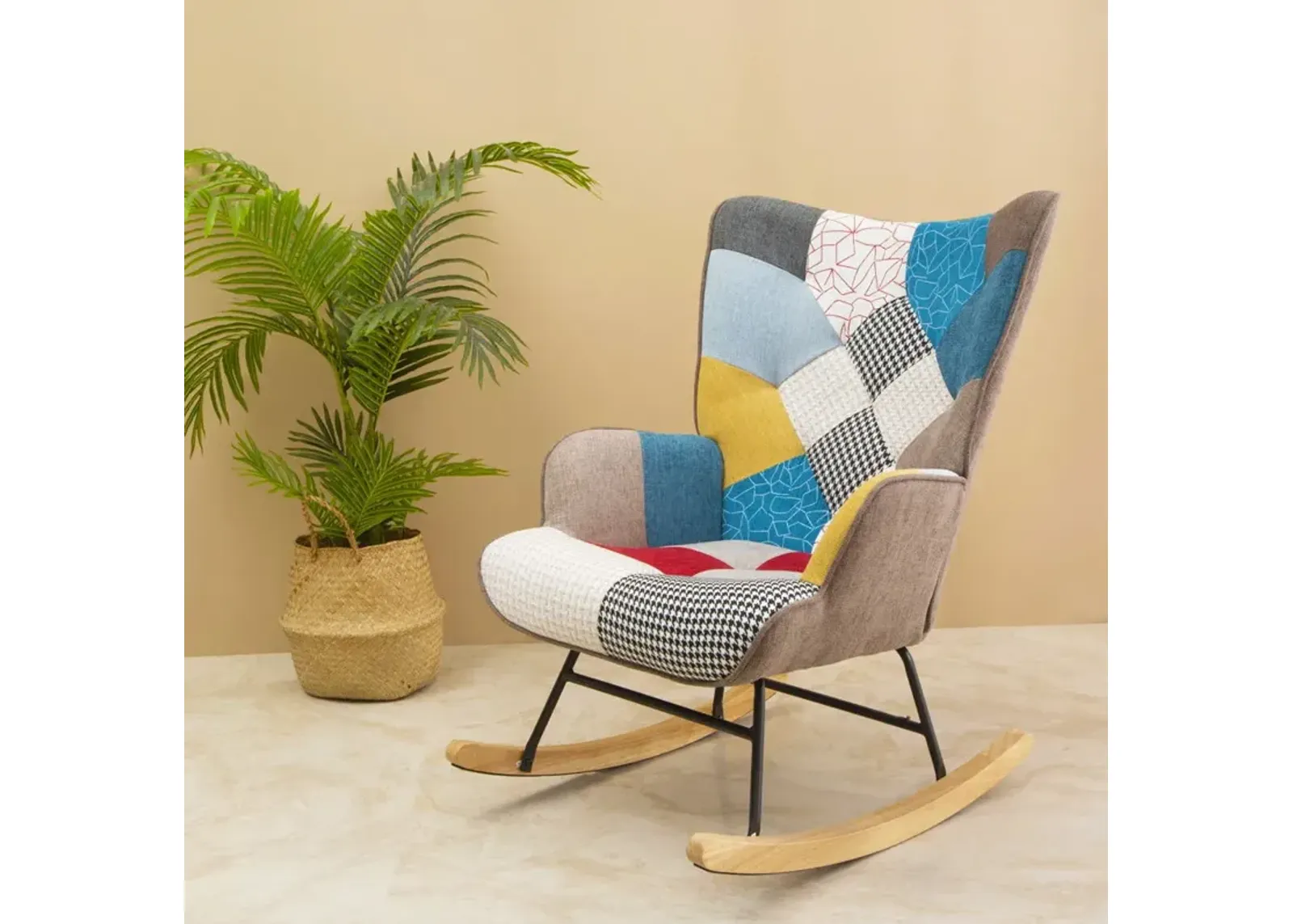 Accent Rocking Chair, Mid-Century Fabric Rocker Chair With Wood Legs And Patchwork Linen For Livingroom Bedroom