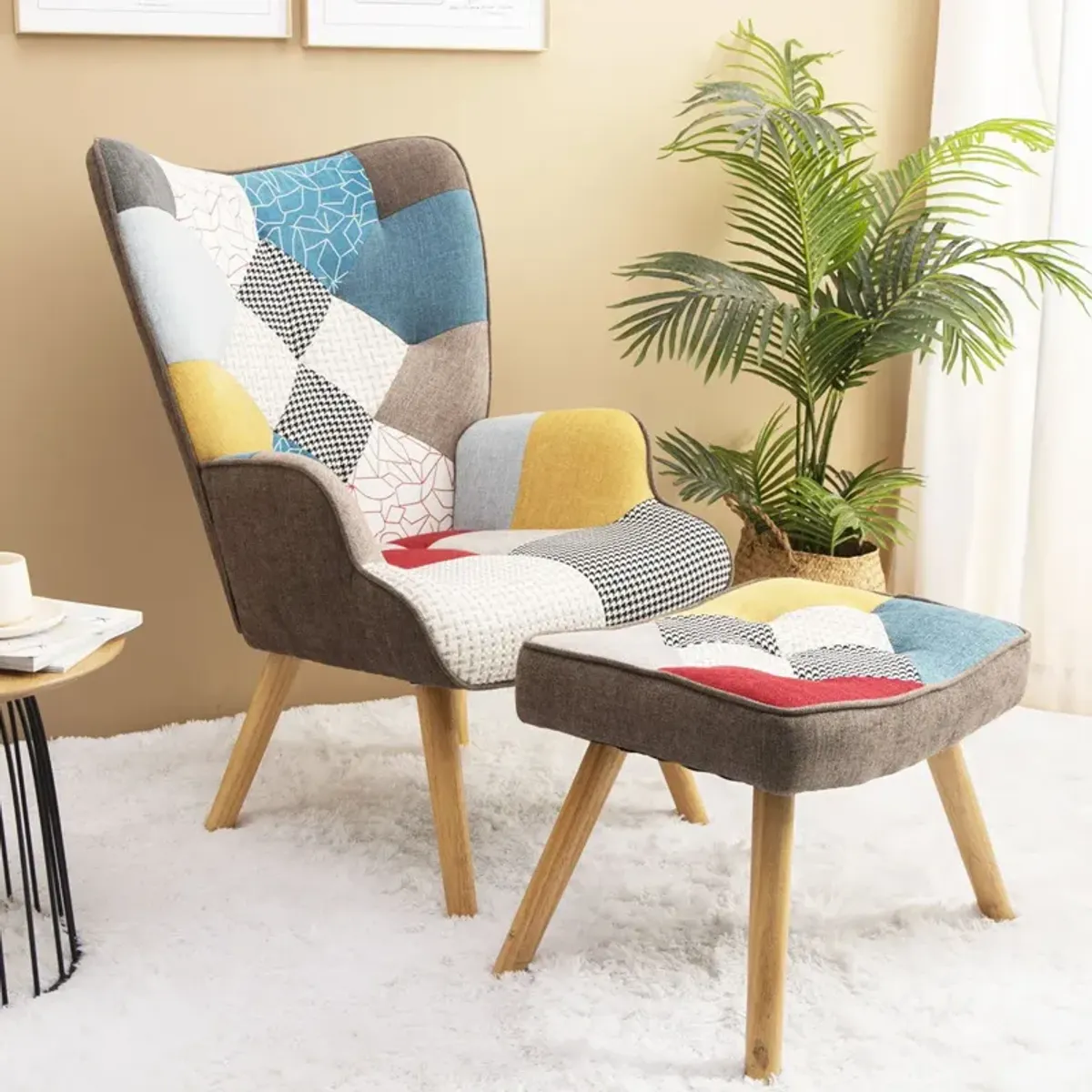 Accent Chair With Ottoman, Living Room Chair And Ottoman Set, Comfy Side Armchair For Bedroom, Creative Splicing Cloth Surface