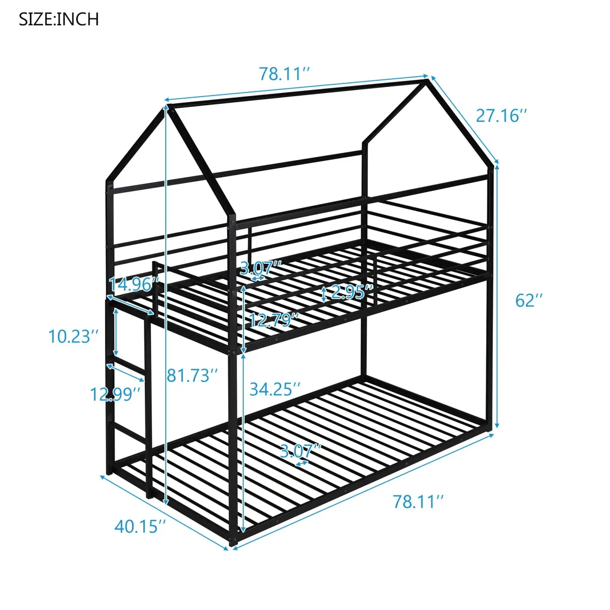 Bunk Beds For Kids Twin Over Twin, House Bunk Bed Metal Bed Frame Built-In Ladder, No Box Spring Needed