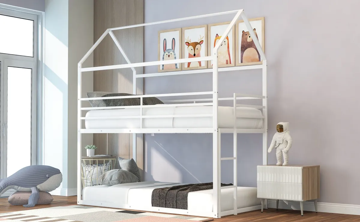 Bunk Beds For Kids Twin Over Twin, House Bunk Bed Metal Bed Frame Built-In Ladder, No Box Spring Needed