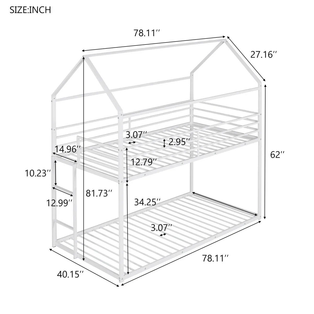 Bunk Beds For Kids Twin Over Twin, House Bunk Bed Metal Bed Frame Built-In Ladder, No Box Spring Needed