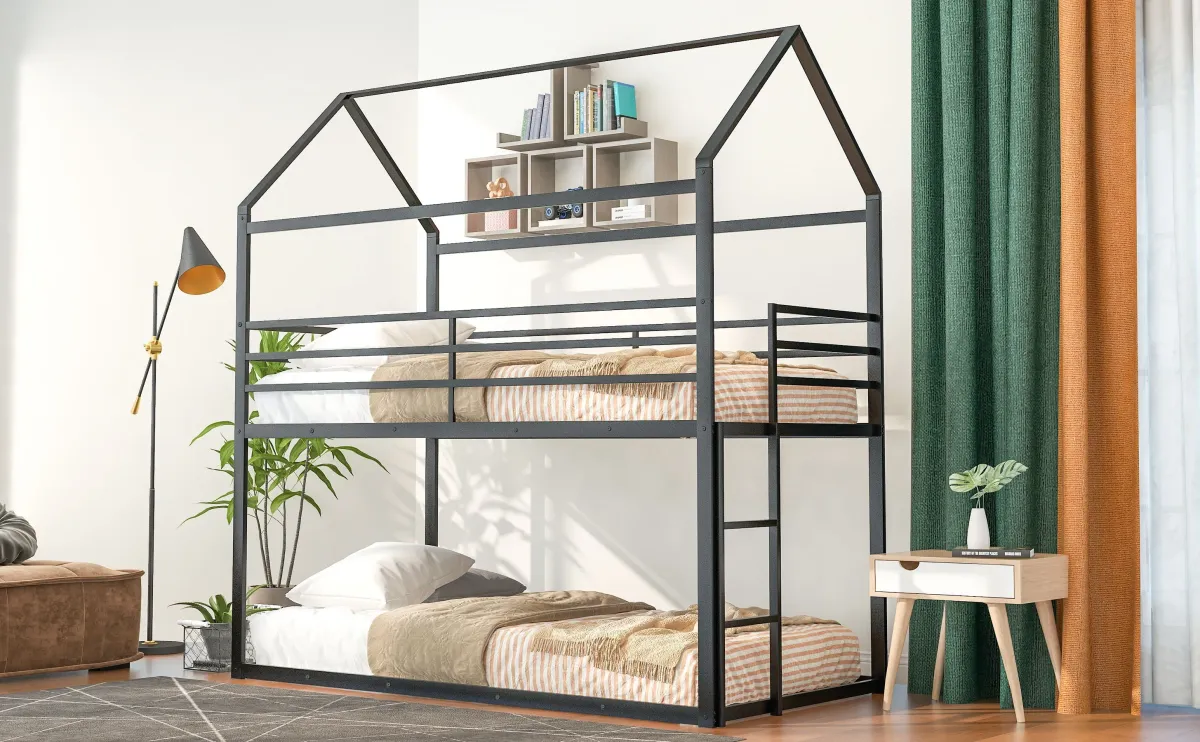 Bunk Beds For Kids Twin Over Twin, House Bunk Bed Metal Bed Frame Built-In Ladder, No Box Spring Needed