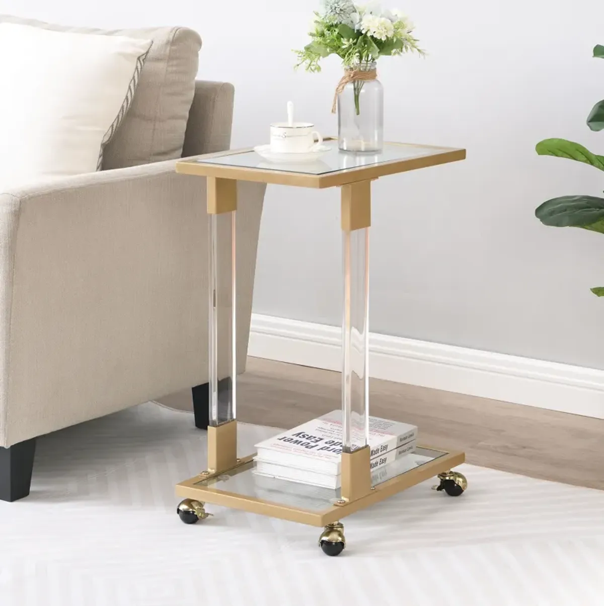 Side Table, Acrylic Sofa Table, Glass Top C Shape Square Table With Metal Base For Living Room, Bedroom, Balcony Home And Office