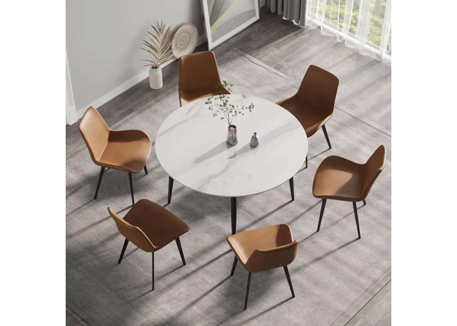 Modern Man-Made Stone Round Metal Dining Table-Position For 6 People