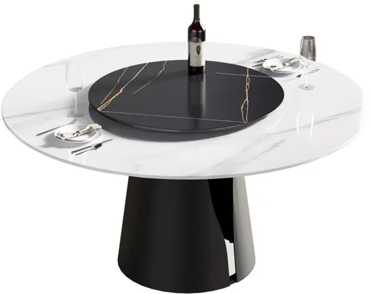 Modern Artificial Stone Round Carbon Steel Base Dining Table, Can Accommodate 6 People, Black Artificial Stone Turntable