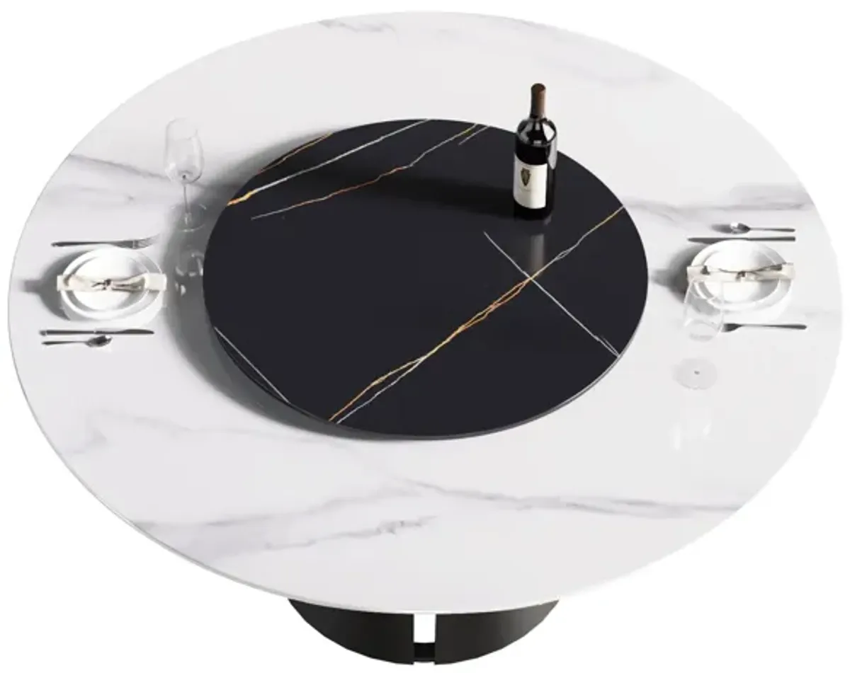 Modern Artificial Stone Round Carbon Steel Base Dining Table, Can Accommodate 6 People, Black Artificial Stone Turntable