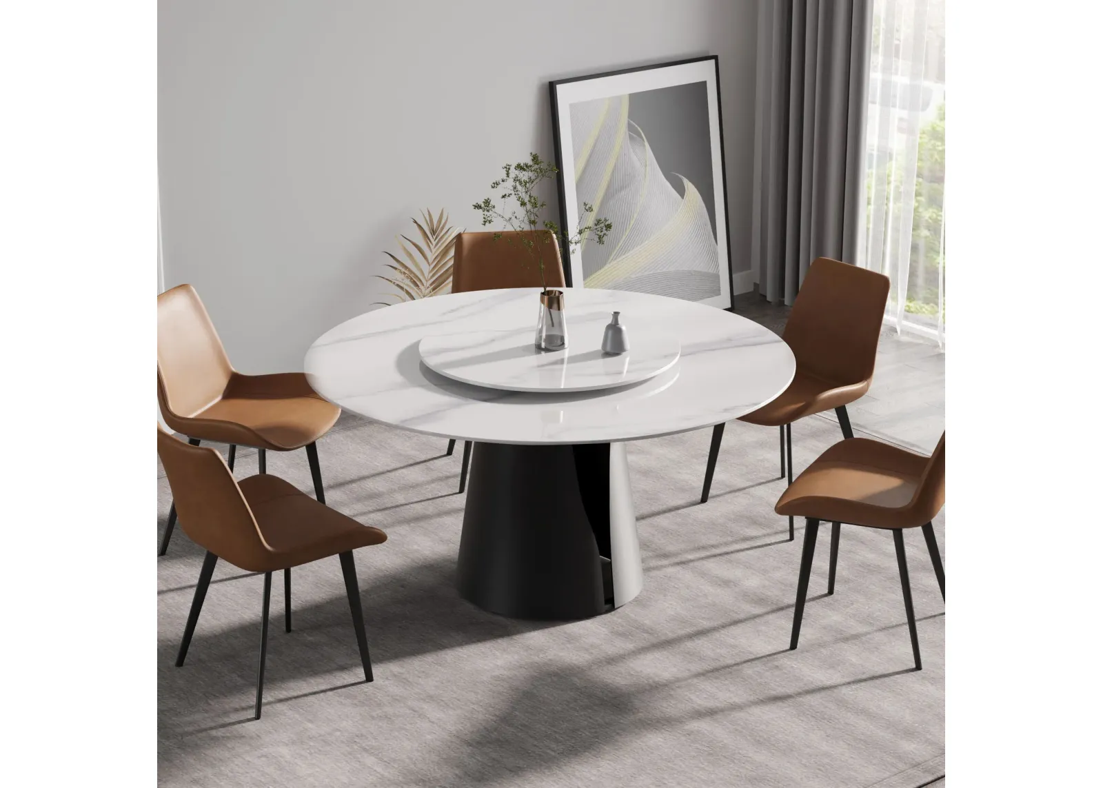 Modern Artificial Stone Round Carbon Steel Base Dining Table, Can Accommodate 6 People, Black Artificial Stone Turntable