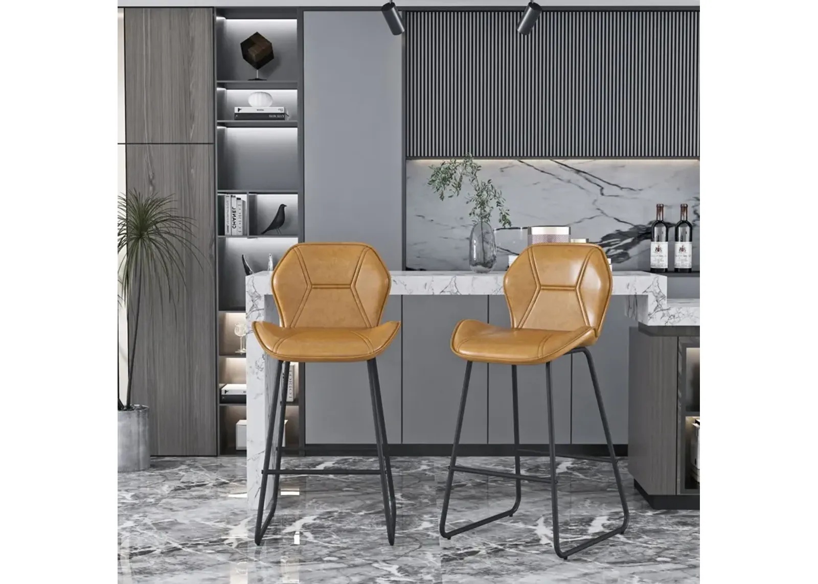 Leather Bar Chair With High-Density Sponge, PU Chair Counter Height Pub Kitchen Stools For Dining Room (Set of 2)