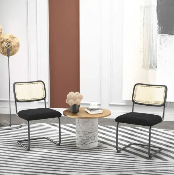 Teddy Velvet Dining Chair With High-Density Sponge, Rattan Chair (Set of 2) For Dining Room, Living Room - Black