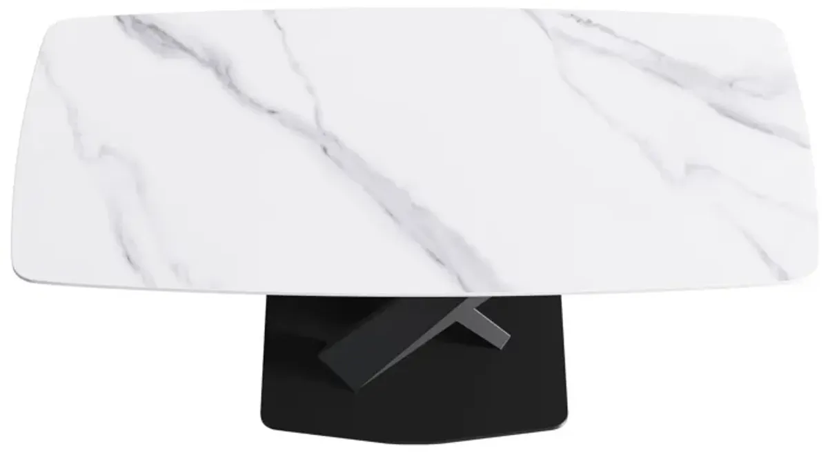 70.87" Modern Artificial Stone White Curved Black Metal Leg Dining Table, Can Accommodate 6-8 People - White / Black