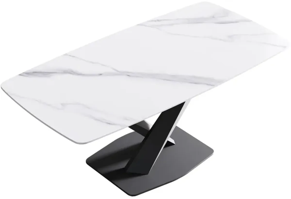 70.87" Modern Artificial Stone White Curved Black Metal Leg Dining Table, Can Accommodate 6-8 People - White / Black