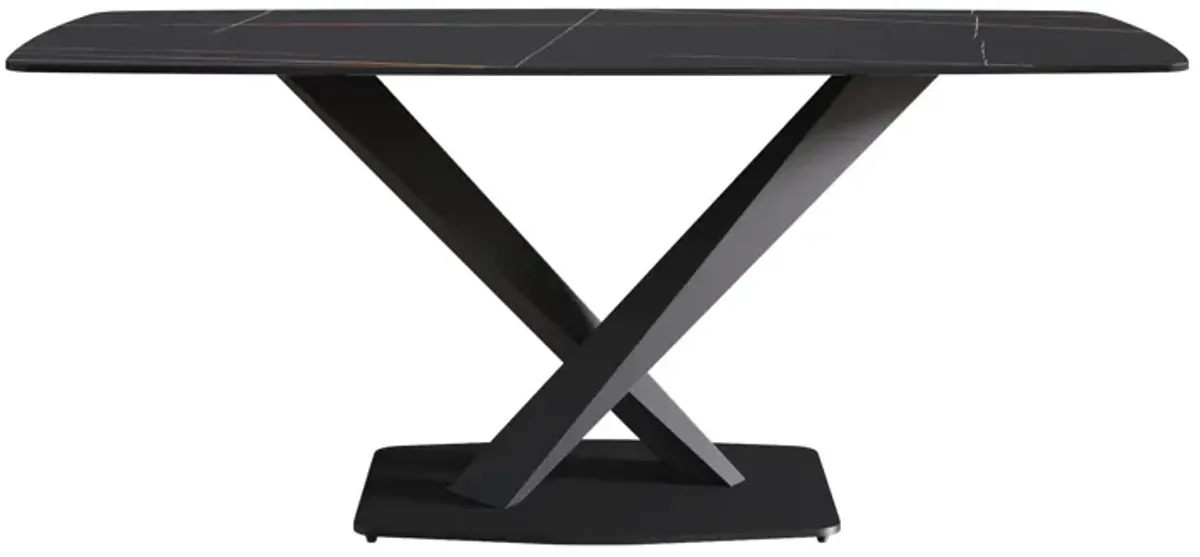 70.87" Modern Artificial Stone Black Curved Black Metal Leg Dining Table, Can Accommodate 6-8 People - Black