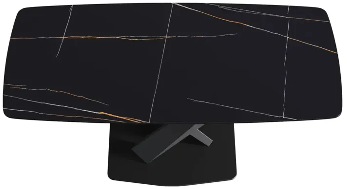 70.87" Modern Artificial Stone Black Curved Black Metal Leg Dining Table, Can Accommodate 6-8 People - Black