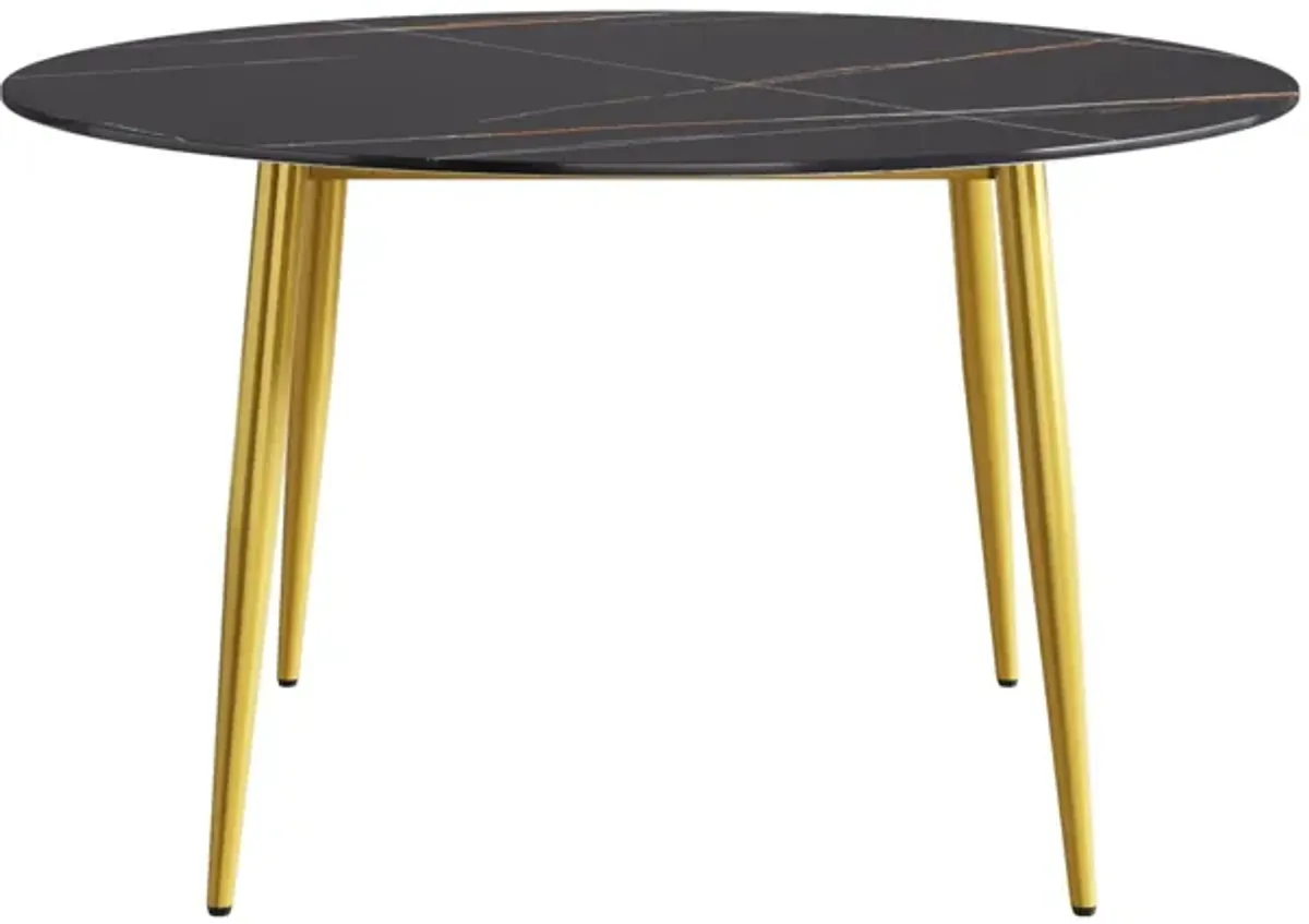 Modern Artificial Stone Round Dining Table With Golden Metal Legs, Can Accommodate 6 People - Black