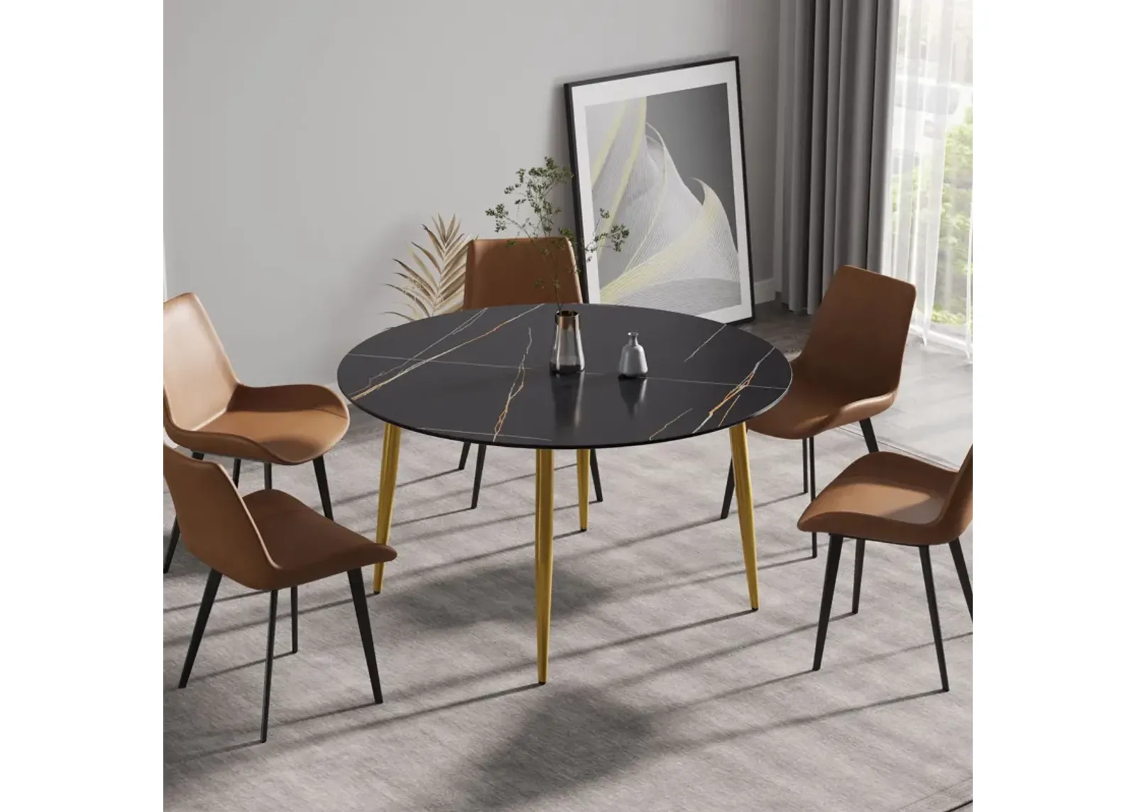 Modern Artificial Stone Round Dining Table With Golden Metal Legs, Can Accommodate 6 People - Black