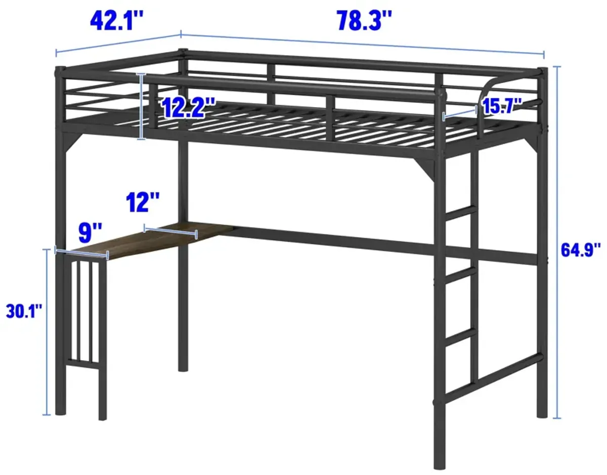 Twin Metal Loft Bed With Desk, Ladder And Guardrails, Bookdesk Under Bed - Black