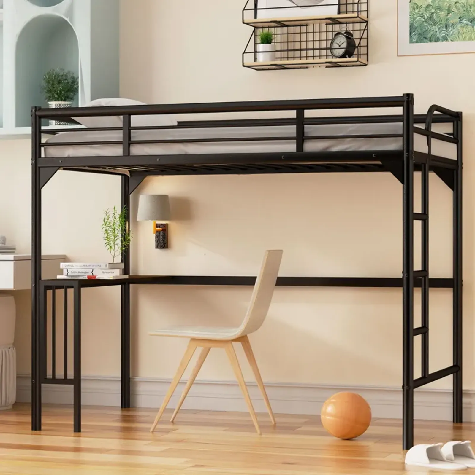 Twin Metal Loft Bed With Desk, Ladder And Guardrails, Bookdesk Under Bed - Black